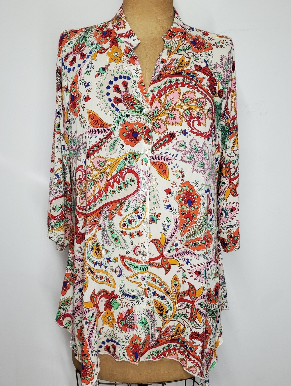 Grand&Greene Size L Blouse Button Down Rainbow Paisley 3/4 Roll Tab Sleeve Aysm